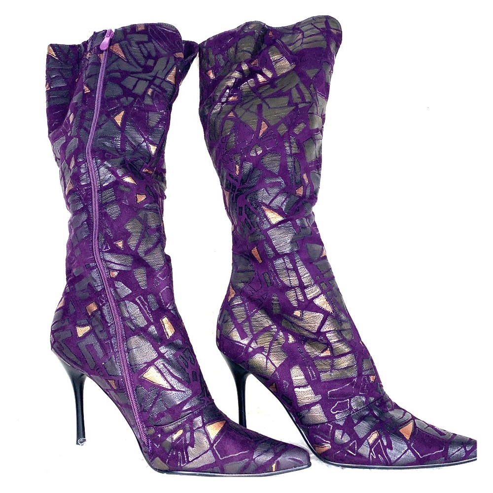 NWOT Luichiny Purple & Gold knee high boots